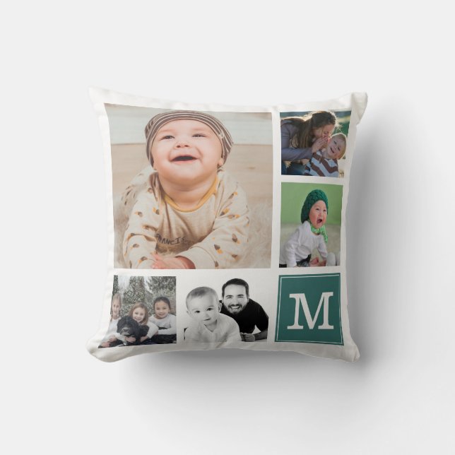 Teal Custom 10 Photo Collage Gallery Monogram Throw Pillow (Front)