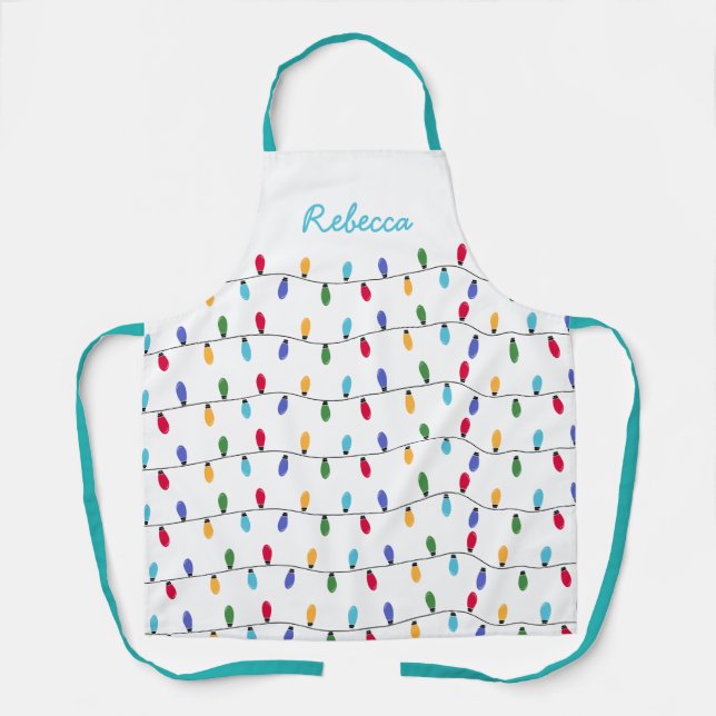 Teal Custom Christmas Colorful lights Pattern Apron (Front)