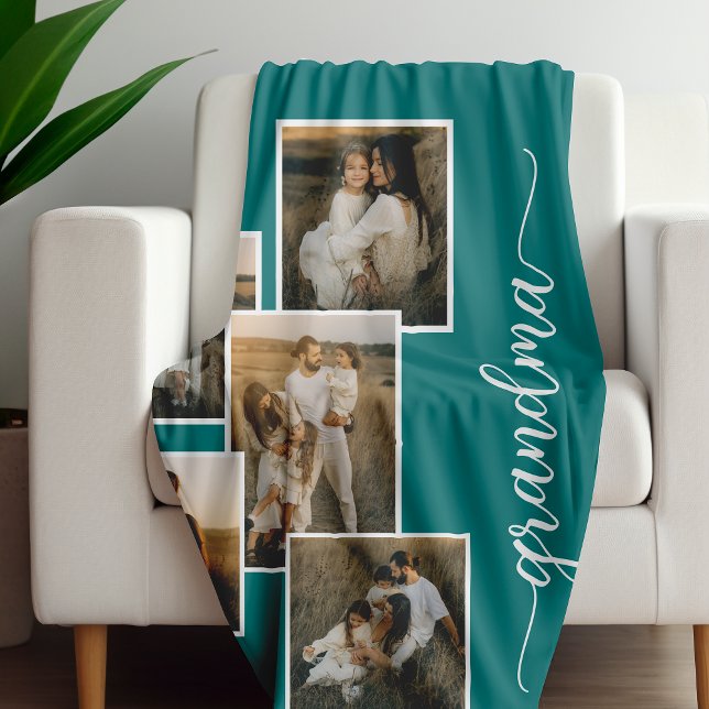 Teal Custom Grandma Grandkid 5 Photo Collage  Fleece Blanket (Creator Uploaded)