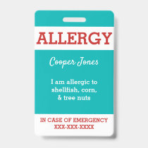 Teal Custom Kids Food Allergy Alert Personalized Badge