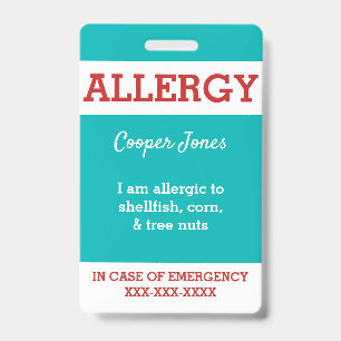 Teal Custom Kids Food Allergy Alert Personalized Badge