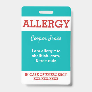 Teal Custom Kids Food Allergy Alert Personalized Badge