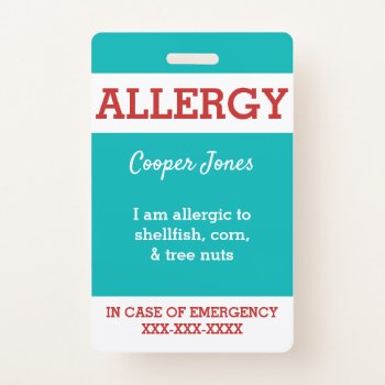 Teal Custom Kids Food Allergy Alert Personalized Badge by LilAllergyAdvocates at Zazzle