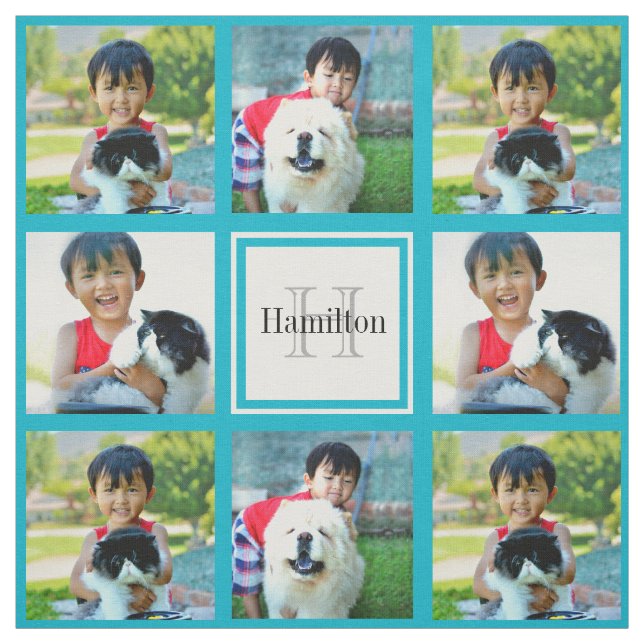 Teal Custom Personalized Photo Collage Monogram Fabric (Swatch)