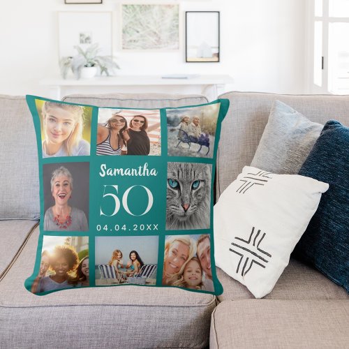 Teal custom photo collage birthday throw pillow