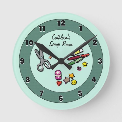 Teal Custom Scraproom or Craft Room Round Clock