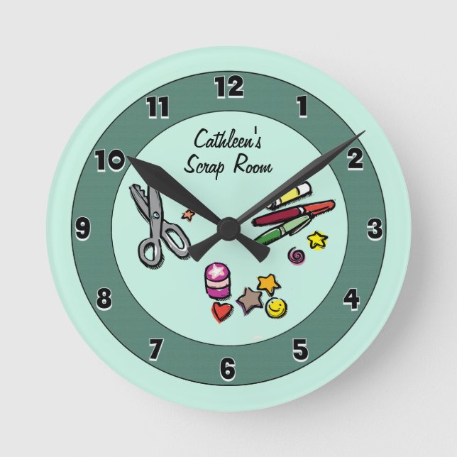 Teal Custom Scraproom or Craft Room Round Clock (Front)