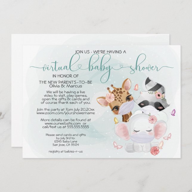 Teal Cute Animals in Masks Virtual Baby Shower Invitation (Front/Back)