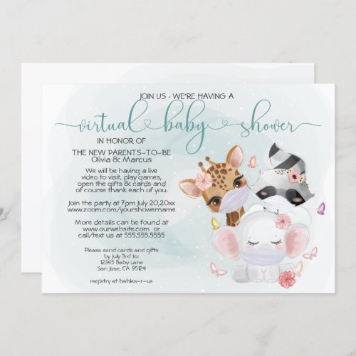 Teal Cute Animals in Masks Virtual Baby Shower Invitation