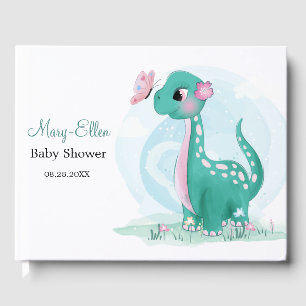 Teal Cute Dinosaur with Butterfly Baby Shower Guest Book