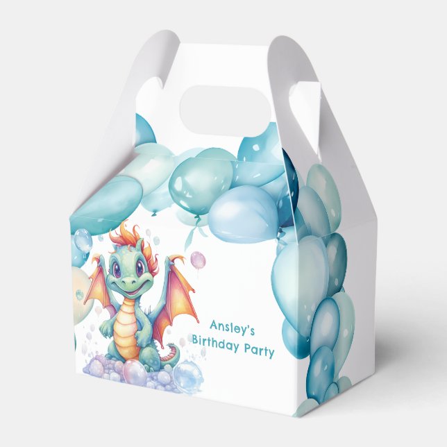 Teal Cute Dragon with Balloons Birthday Party Favor Boxes (Front Side)