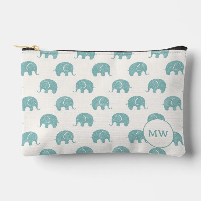 Teal Cute Elephant Pattern Accessory Pouch (Front)