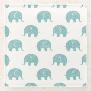 Teal Cute Elephant Pattern Glass Coaster
