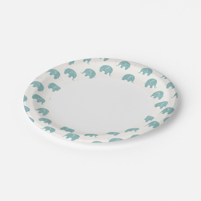 Teal Cute Elephant Pattern Paper Plates (Angled)