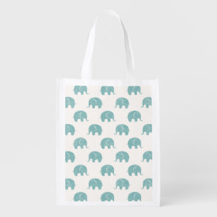 Teal Cute Elephant Pattern Reusable Grocery Bag