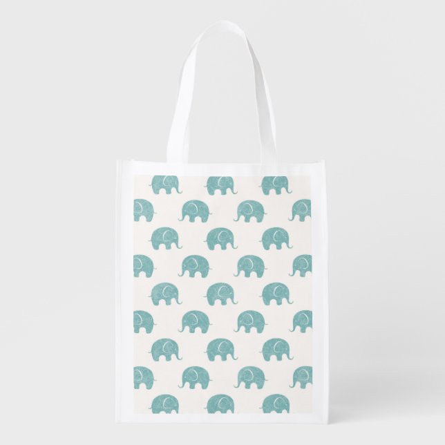 Teal Cute Elephant Pattern Reusable Grocery Bag (Front)