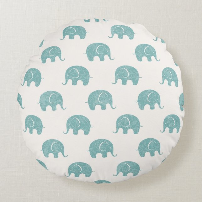 Teal Cute Elephant Pattern Round Pillow (Front)