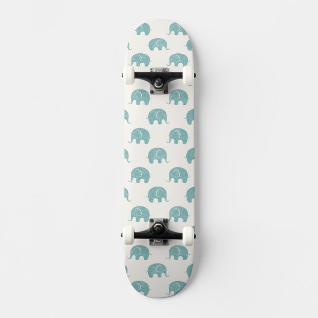 Teal Cute Elephant Pattern Skateboard Deck (Front)