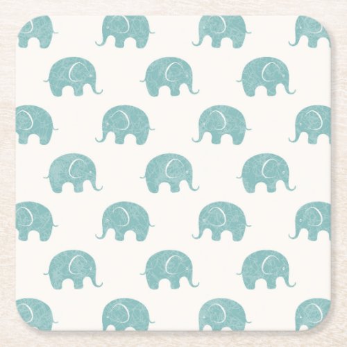 Teal Cute Elephant Pattern Square Paper Coaster