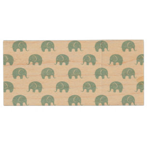Teal Cute Elephant Pattern Wood Flash Drive
