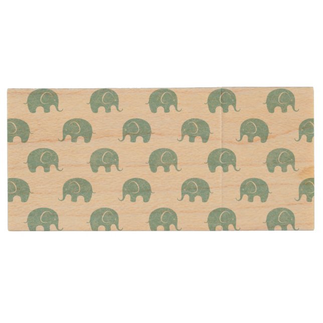 Teal Cute Elephant Pattern Wood Flash Drive (Front)