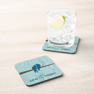 Teal Cute Kissing Love Birds Sitting in Bird Cage Drink Coaster