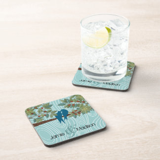 Teal Cute Kissing Love Birds Sitting in Bird Cage Drink Coaster