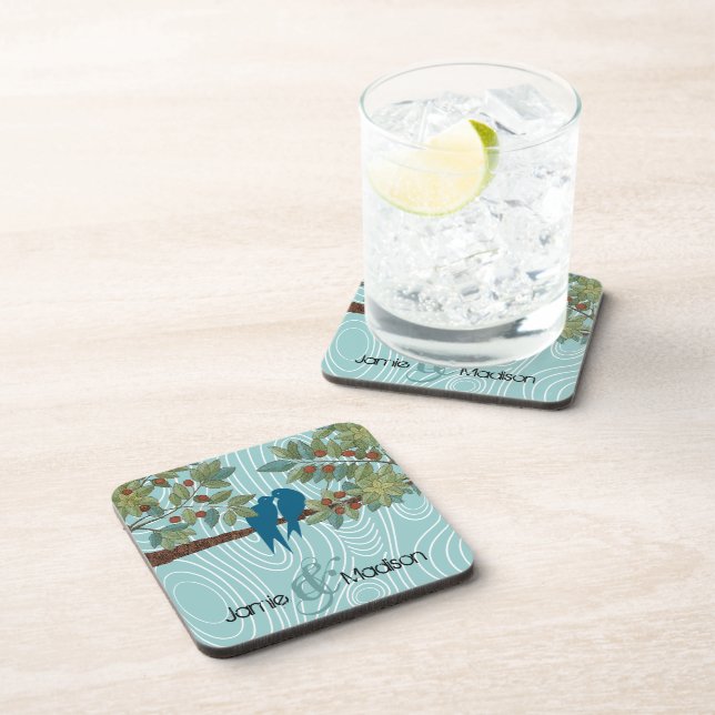 Teal Cute Kissing Love Birds Sitting in Bird Cage Drink Coaster (Right Side)