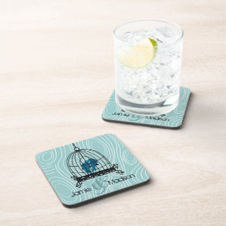 Teal Cute Kissing Love Birds Sitting in Bird Cage Drink Coaster