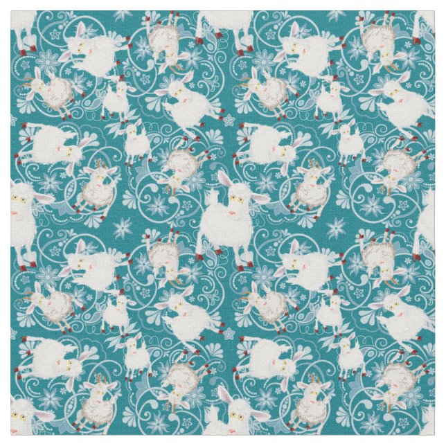 Teal Cute Little White Goats Fabric (Close Up)