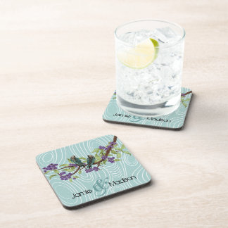 Teal Cute Love Birds Sitting in Tree Drink Coaster