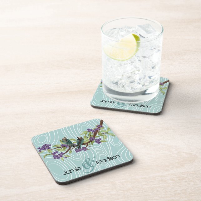 Teal Cute Love Birds Sitting in Tree Drink Coaster (Right Side)