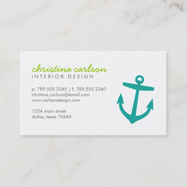 Teal Cute Nautical Anchor and Stripes Business Card (Front)