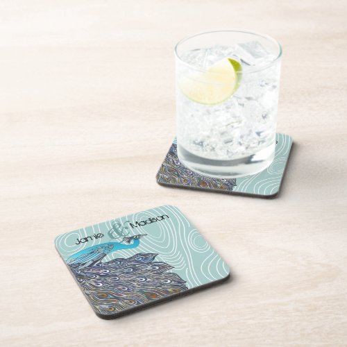 Teal Cute Peacock on Aqua or Any Color Wood Grain Beverage Coaster