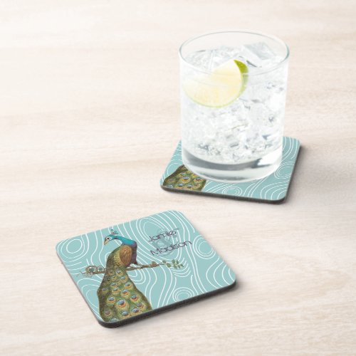 Teal Cute Peacock on Aqua or Any Color Wood Grain Coaster