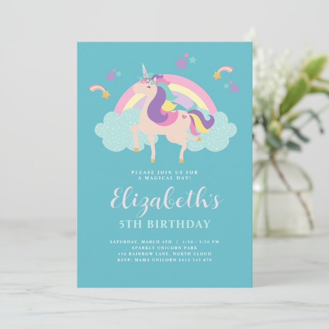 Teal | Cute Rainbow Unicorn Personalised Birthday Invitation (Standing Front)