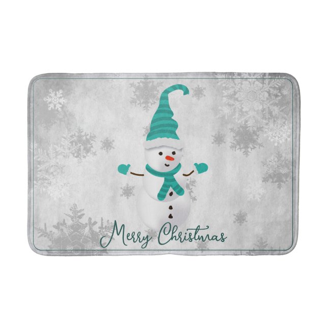 Teal Cute Snowman Holiday Bath Mat (Front)
