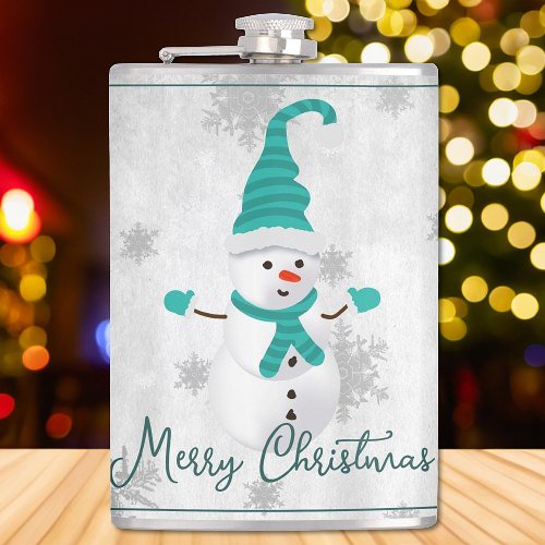 Teal Cute Snowman Holiday Flask