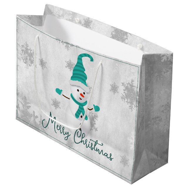 Teal Cute Snowman Holiday Gift Bag (Front Angled)