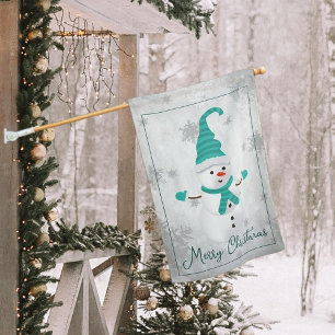 Teal Cute Snowman Holiday House Flag