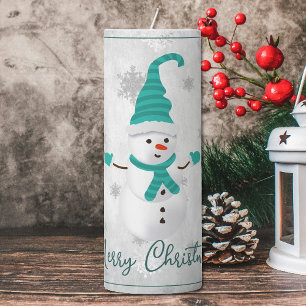 Teal Cute Snowman Holiday Large Pillar Candle
