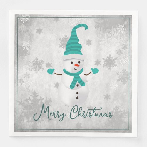 Teal Cute Snowman Holiday Paper Napkin