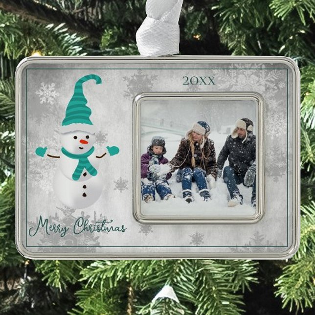 Teal Cute Snowman Holiday Photo Christmas Ornament (Teal Cute Snowman Holiday Ornament)