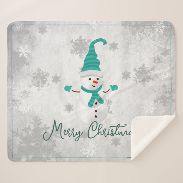 Teal Cute Snowman Holiday Sherpa Blanket (Front (Horizontal))