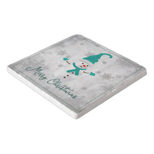 Teal Cute Snowman Holiday Trivet