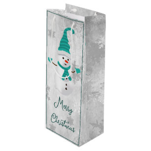 Teal Cute Snowman Holiday Wine Gift Bag
