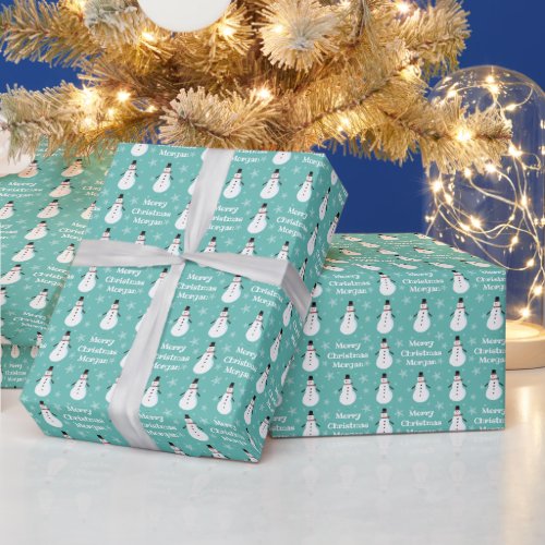 Teal Cute Snowman Snowflake Merry Christmas Name Wrapping Paper