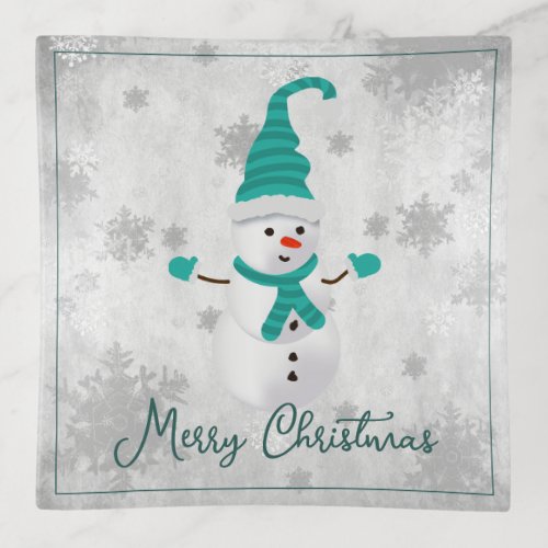 Teal Cute Snowman Trinket Tray