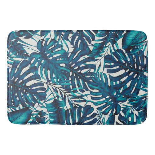 Teal Cyan Green Tropical Palm Leaves Summer Island Bath Mat