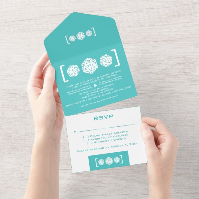 Teal D20 Dice Gamer All in One Wedding Invite (Tearaway)